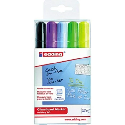 Image de edding 90 Marqueur pour tableaux en verre multi couleur étui de 5 stylos pointe ronde 2 3 mm marqueurs effaçables vitres vitres, à sec