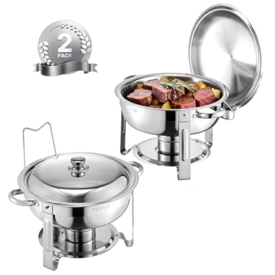 Image de Chauffe Plat VEVOR 2PCs 4,7 L Buffet Chauffant Rond Réchaud en Acier Inoxydable avec Couvercle et Pince Argenté