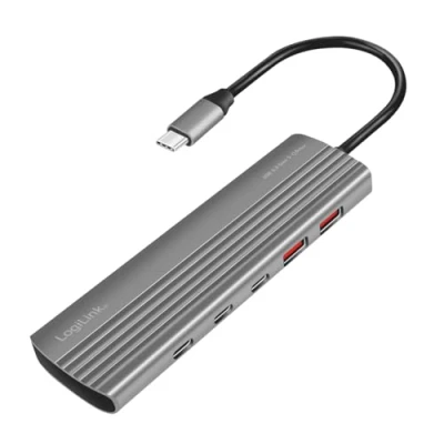 Image de LogiLink UA0415 Hub USB 3.2 Gen2 Ultra Fin, 2 Ports A, 8 C, avec PD (Power Delivery), 100 W, Gris sidéral