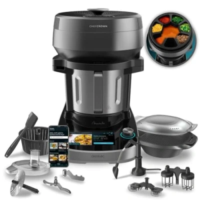 Image de Cecotec Robot de Cuisine Multifonction avec Distributeur d&#039;Aliments Mambo CooKing Unique. 2200 W, 45 Fonctions, Recettes Guidées, Récipient Unique 5L, Acc: Cuiseur Vapeur ou Palette pour Ragoûts