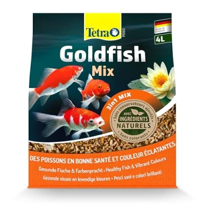 Image de Tetra Pond Goldfish Mix Mélange Complet de Sticks, Flocons, Gammarus Aliment pour Poissons Rouges Bassin et Jardin Enrichis en Oligo éléments, Vitamines essentiels, Spiruline 4 L