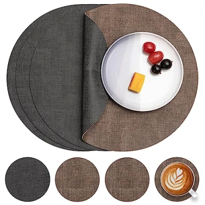 Image de Myir JUN Set de Table en Cuir et Dessous Verre Lot 4, Sets Rond Antidérapant Double Face Plastique Lavable Résiste à la Chaleur (Gris Marron, 4)