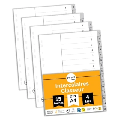Image de perfect line Lot de 4 intercalaires classement DIN A4 en plastique (PP), 15 onglets (15 pièces), gris, pour dossiers, recyclables, fabriqués Allemagne