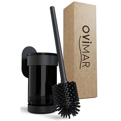 Image de ovimar Brosse pour WC Finnkona Noir Support Mural sans percer de Toilette en Silicone Fonction d&#039;aération à Coller Acier Inoxydable revêtu tête Interchangeable