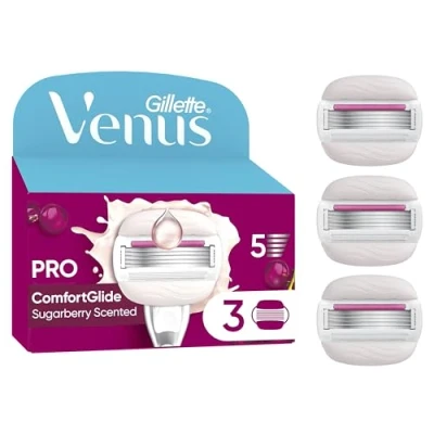 Image de Gillette Venus Lot De 3 Recharges Rasoir Pour Femmes, Pro ComfortGlide Parfum Sugarberry, AUTHENTIQUES, A 5 Lames Et Soin Hydratant Olay Contre La Peau Sèche Après Le Rasage Du Corps Des Poils