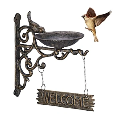 Image de Relaxdays Bain d’Oiseaux, Fonte de Fer, Inscription Welcome, résistant aux intempéries, HLP 26,5 x 14 22,5 cm, Bronze