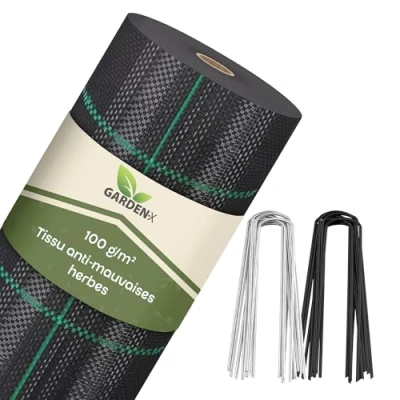 Image de GARDENIX Toile anti mauvaises herbes avec 50 ancres 110 m² (1,1 m x 100 m) Perméable à l&#039;eau g/m² Noir Résistant aux UV