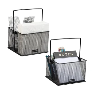 Image de Mind Reader Panier de rangement pour ustensiles, fourchettes, cuillères, couteaux, serviettes, parfait fournitures bureau, crayons, stylos, agrafes One Size Black Mesh 2 Pack