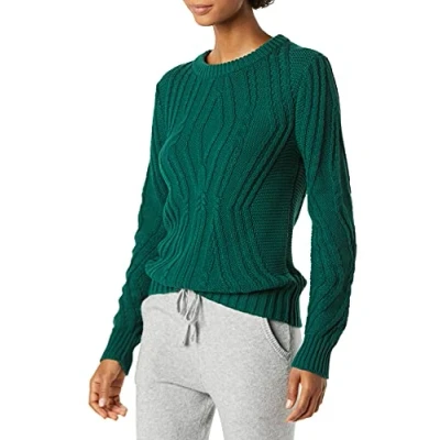 Image de Amazon Essentials Pull Ras du Cou Torsadé 100% Coton Femme, Vert Foncé, S