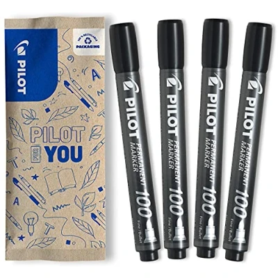 Image de PILOT 4 Marqueurs Permanents SCA 100 Encre Indélébile sur Tous Supports Très Couvrante et Résistante Noir Pointe Fine Conique