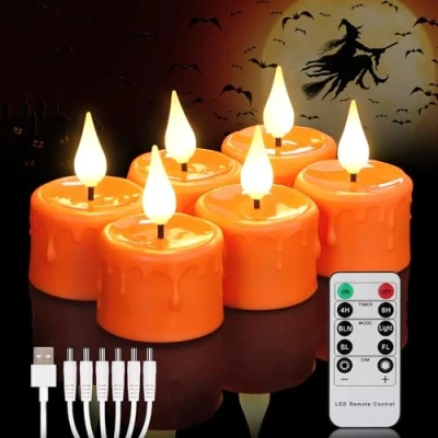Image de FREEPOWER 6 Bougies chauffe plat LED oranges rechargeables avec télécommande, Minuterie vacillante, Lumière blanche chaude, électriques câble USB, 4x5.5cm