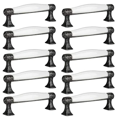 Image de SO TECH® SET de 10 x Poignée pour Tiroir MARIE en Porcelaine Blanche Finition Argent Vieilli Entraxe 96 mm