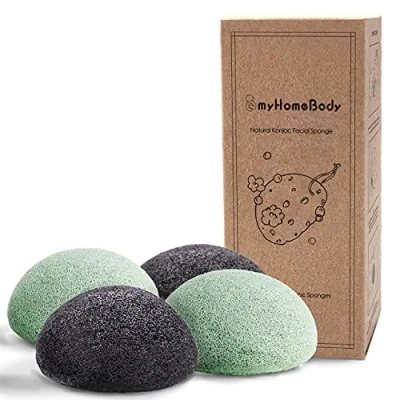 Image de myHomeBody Éponges Konjac naturelles pour le visage permet un nettoyage et une gommage en douceur de votre ; fait charbon actif d’aloe vera, 4 pièces.