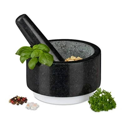 Image de Relaxdays Mortier en granit avec pilon, robuste, épices, herbes, antidérapant, pierre polie, d. 14 cm,400ml,gris/blanc