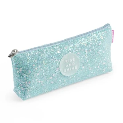 Image de Miquelrius Trousse Triangulaire Brillante, 1 Compartiment, Dimensions 200 x 80 35 mm, avec Paillettes et poignée métallique, Fermeture éclair, matériau Polyester, Bleu,