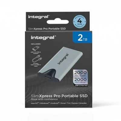Image de Integral 2TB SlimXpress Pro SSD Portable avec USB 3.2 Gen 2x2 Vitesse de Lecture et d&#039;écriture 2000MB/s. Boîtier Compact en Aluminium Plug &amp; Play. Compatible Mac, Playstation Plus