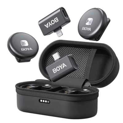 Image de BOYA OMIC Microphone sans fil pour iPhone, Android avec Lightning, prise USB C, suppression du bruit, autonomie de 15 h, portée 50 m, enregistrement vidéo micro vlogging (noir)