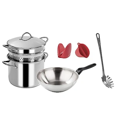 Image de Lot de 7 pâtes, 100% acier, composé Pastamania avec fond Servispaghetti Mediterranea, Sauteuse à pâtes Le Inoxidable, 2 pièces en silicone