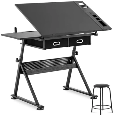 Image de Fromm &amp; Starck Table À Dessin Bureau Planche D’Architecte Architecte Inclinable Professionnelle Star_Desk_08 (Plateau 115 x 60 cm, 0 70, Haut. 65 90,5 2 Tiroirs, Tabouret)