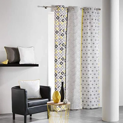 Image de douceur d&#039;intérieur, Rideau à Oeillets (140 x 240 cm) Remix Gris/Jaune, Coton Imprimé