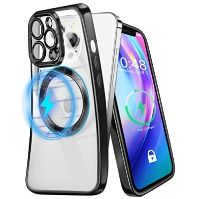 Image de KimFiyny Coque Magnétique iPhone 13 Pro, Accessoires Magsafe Compatibles, Dos Transparent Jamais Jaune avec Protection Complète de L&#039;objectif, Étui Téléphone Portable Antichoc (Noir)