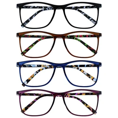 Image de OPULIZE Arc Lunettes de Lecture Pack 4 Montures Carrées Minces Élégantes Charnières à Ressort Anti Rayures Noir Marron Bleu Violet Branches Motif Hommes Femmes RRRR66 1235 +2.50