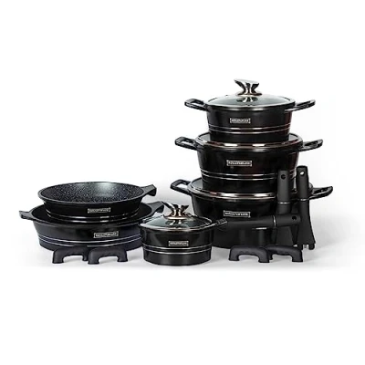 Image de Ensemble d&#039;ustensiles de cuisine en aluminium moulé sous pression, 14 pièces, revêtement marbren, NOIR