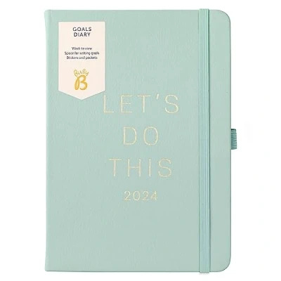 Image de Busy B Goals Diary Janvier à Décembre 2024 Similicuir Vert Sauge Planificateur d’objectifs hebdomadaire avec autocollants, pochettes et notes.