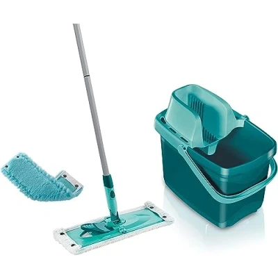 Image de Leifheit Set Combi Clean M, seau et balai essoreur faciles d&#039;utilisation avec housses micro duo &amp; static plus, serpillière mécanisme d&#039;essorage intégré, kit de lavage sol vert turquoise