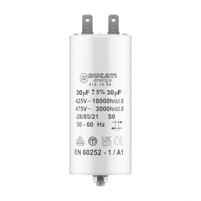 Image de Condensateur 30 uF pour Moteur Monophasé Utilisation Kärcher, Pompe de Piscine, Porte Garage 425/450V/475V Démarrage/Permanent avec Cosses 6,4mm