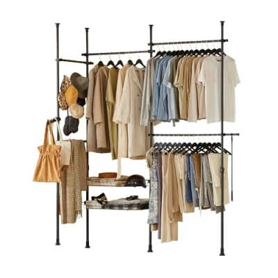 Image de SoBuy KLS04 BR Télescopique Garde Robe Système de Penderie avec 5 Barres Portant Vêtement, 2 Paniers, 1 Bras Latéral et Vêtement Fork Largeur Hauteur Ajustable
