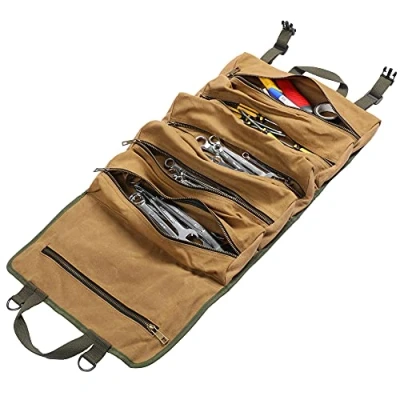 Image de Sac à roulettes pour outils en toile cirée, Grand rouleau de clés molette avec 6 poches zippées, multifonctions