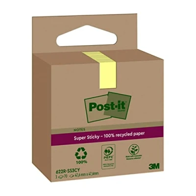Image de Post it Super Sticky Notes entièrement recyclées, 3 Blocs, 70 Feuilles par Bloc, 47.6 mm x mm, Jaune Extra collantes Fabriquées à partir de Papier 100% Recyclé