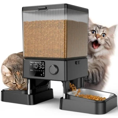 Image de oneisall 5L Distributeur Croquettes 2 Bols Mangeoire Automatique à Un Bouton Fonctionnement Facile pour Chat/Chien avec Bol en Acier Inoxydable Enregistreur Vocal