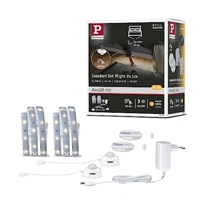Image de Paulmann MaxLED 78894 Bande LED 250 Night Comfort Kit de base 1 m 2 x 300 lm 60 LED/m avec bandes lumineuses 4 W en plastique argenté 2700 K