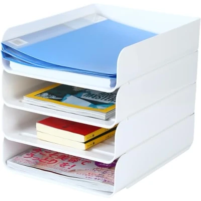 Image de Lot de 4 bacs à Papier empilables, bac courrier pour Bureau, Support A4, Fournitures Magazines, Documents, reçus (Blanc)