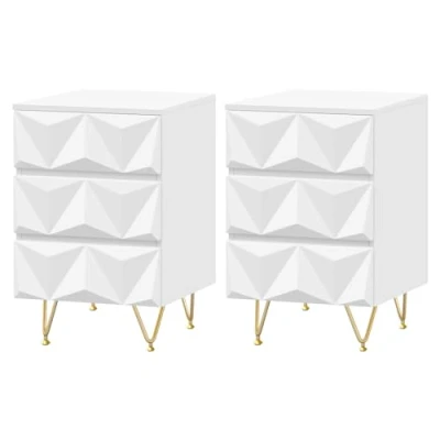 Image de EUGAD Lot de 2 Table Chevet avec 3 Tiroirs à Effet 3D, Nuit Adulte, Meuble Rangement Moderne 40x40x62.5 cm, pour Chambre Coucher, Salon, MDF et Métal, Blanc + Doré, 0004CTG