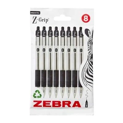 Image de Zebra Pen Z Grip lot de 8 stylos à bille rétractables encre noire avec clip poche, noirs fiables pour un usage quotidien,
