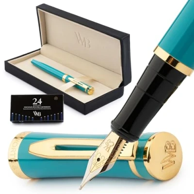 Image de Wordsworth &amp; Black Kit stylo plume,Plume dorée moyenne 18 carats, Comprend 6 cartouches d&#039;encre, Convertisseur de recharge d&#039;encre et coffret cadeau, Finition or, Calligraphie, [Or Turquoise]
