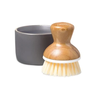 Image de Full Circle Bubble Up Brosse à Vaisselle en Bambou et Bol Céramique avec Ressort pour faire Mousser le Liquide Manche Ergonomique Gris/Blanc