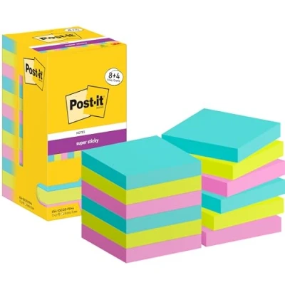 Image de Post it Super Sticky Notes,Couleurs Cosmic, Pack de 8 + 4 Blocs Gratuits,90 Feuilles par Bloc,76 mm x 76 mm, Turquoise, Vert,Rose Notes Adhésives pour Prise Notes, Listes Tâches et Rappels
