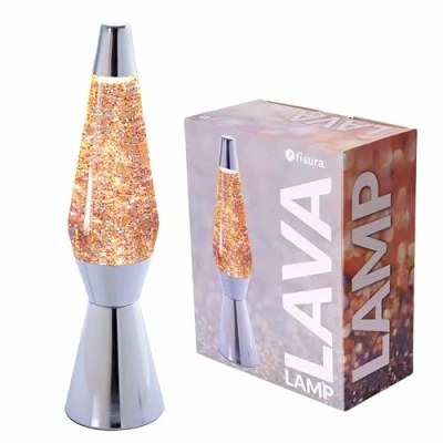 Image de fisura. Lampe à lave paillettes. Base chromée, liquide transparent et pailletée. d&#039;ambiance originale. Avec ampoule de rechange 11,5 cm x 40 cm.