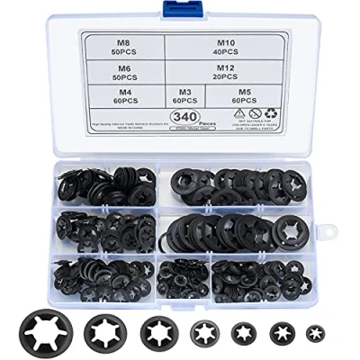 Image de Lot de 340 rondelles Starlock, verrouillage à vitesse rapide, clips fixation pression kit d&#039;assortiment 65 m, noir, M3/M4/M5/M6/M8/M10/M12