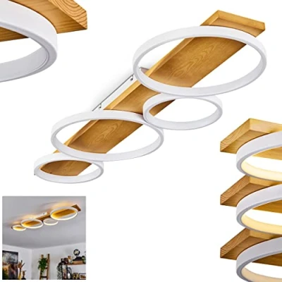 Image de plafonnier LED Rodekro, à intensité variable en métal/bois blanc/naturel, luminaire avec poutre bois, 1 x 44 watts, 3000 K, 5100 lumens