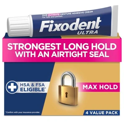 Image de Fixodent Ultra Max Hold Secure Lot de 4 Pate Dentaire Adhésive pour Prothèses Dentaires Complètes et Partielles, 62,4 g