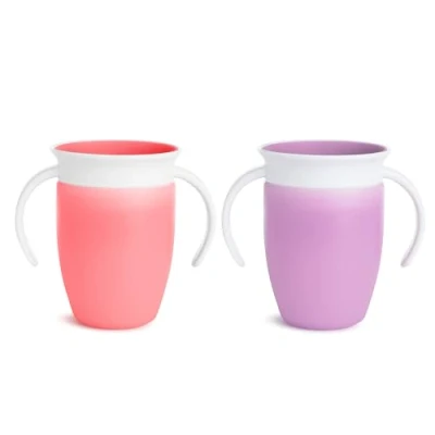 Image de Munchkin Tasse d’Apprentissage Miracle 360, Gobelet Bébé, Enfant, sans BPA avec Poignées, Magique, Antifuites, Compatible Lave Vaisselle, 6 mois et plus 207 ml, Lot de 2, Rose/Violet