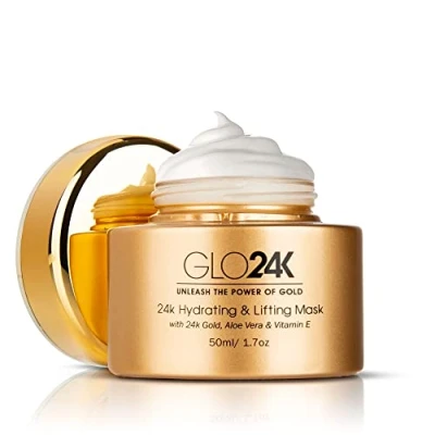 Image de GLO24K Hydrating and Lifting Mask with 24k Gold, Aloe Vera, Peptides, Vitamins. For Hydration Boost Effect that Generates a Glowing, Radiant Complexion Silky Smooth Skin.