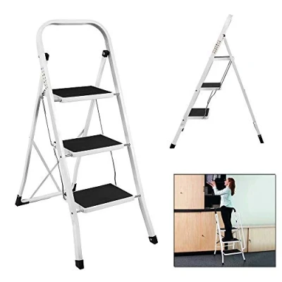 Image de Escabeau Pliable Antidérapant à 3 Marches, Echelle Marchepied en Acier, Capacité de 150 KG, Multifonctions Échelle Sécurité, Blanc et Noir