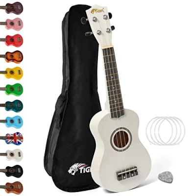 Image de TIGER UKE7 WH Ukulélé Soprano pour Débutants avec Sac de Transport, Médiator en Feutre, Jeu Cordes Rechange Et Doté d&#039;Un Corde Aquila Blanc