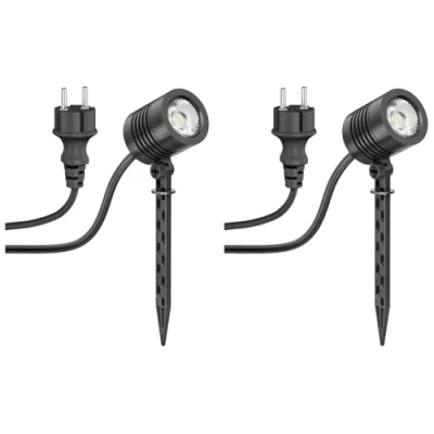 Image de ledscom.de 2 pièces Petit projecteur de jardin LED avec piquet terre TARL pour l&#039;extérieur, IP65, fiche, noir, 4,3 W, 340lm, blanc chaud